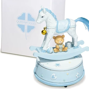 Bomboniere Solidali Quadrifoglio Linea Dublino Celeste 2026 Carillon Cavallino a dondolo