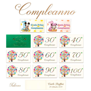 Bigliettini Bomboniere Compleanno 1, 18, 30, 40, 50, 60, 70, 80, 90, 100 anni