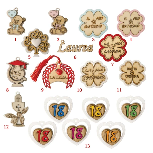 Confezione da 12 PZ Decorazioni Bomboniere Applicazioni in Legno