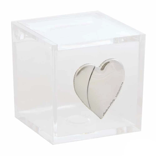 bomboniere matrimonio scatolina in plexiglass placca cuore argento 