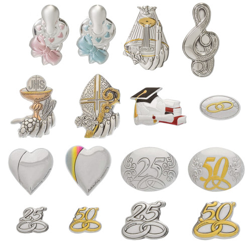 Placche in lamina di argento con vari simboli per bomboniere