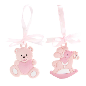 bomboniera ciondolo orso e cavallo a dondolo rosa