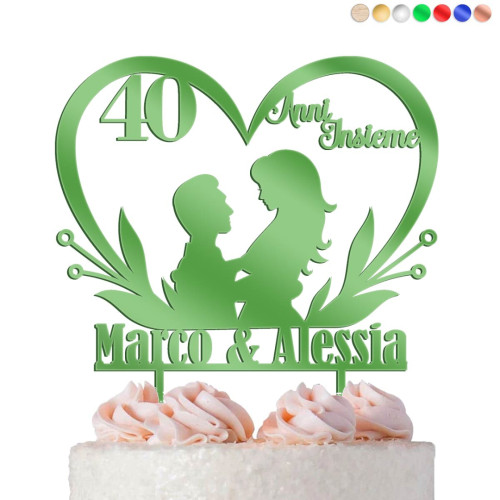 Cake Topper Cuore Sposi Personalizzato Nozze di Smeraldo 40° Anniversario