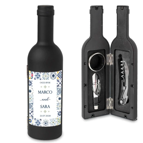 Idea Bomboniera Utile Tema Maioliche Bottiglia di Vino Set accessori Vino