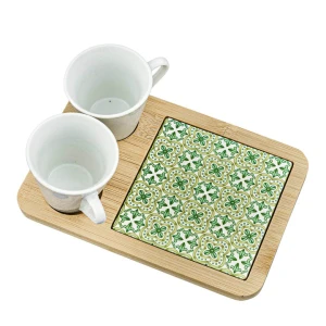 Bomboniere 2026 Vassoio rettangolare Standard con 2 tazzine Tema Maioliche verdi Linea Utile in Legno e Ceramica