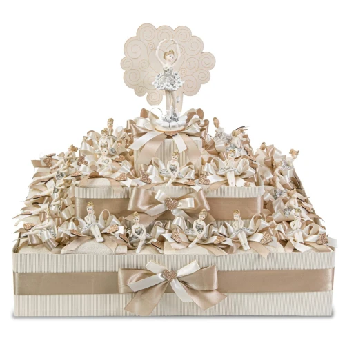 Mega Torta di Bomboniere per Comunione Femmina con 27 cuscini ballerine beige