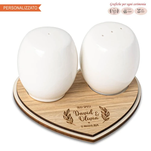 Bomboniere Sale e Pepe su cuore in legno personalizzabile