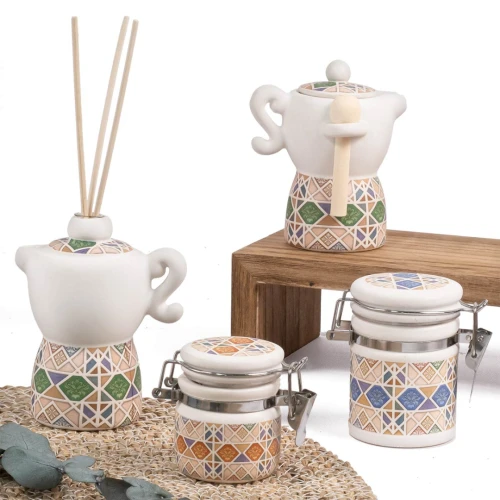 Bomboniere 2026 Linea Giglius Zuccheriere Moke e Barattolini ermetici con fantasia maioliche