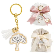 Bomboniere 2026 Portachiavi albero della vita in legno e resina con nappina