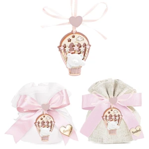 Bomboniere Battesimo e Nascita Femmina 2026 Ciondolo mongolfiera con orsetto e stelline