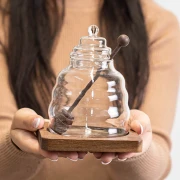 Bomboniere Vasetto Porta Miele in Vetro con Spargimiele e Base in Legno