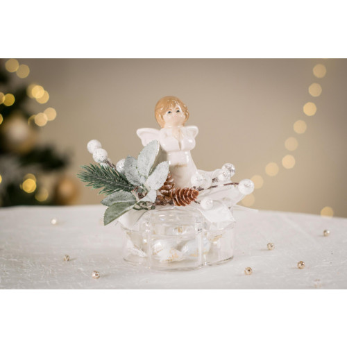 Idea Regalo Natale - Angelo con Scatola, Cioccolatini e decoro bianco