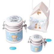 Bomboniere Battesimo e Nascita 2026 Linea Baby Box Barattolino Orsetto Celeste con frase