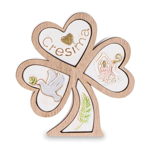 Bomboniere 2026 Icona Cresima Trifoglio in resina e legno con cappello e bastone