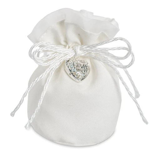 Sacchettini portaconfetti Elegante in tessuto bianco con Ciondolo Cuore Love