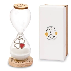 Bomboniere 2026 Linea Temps Clessidra Grande con base in legno e ciondolo quadrifoglio