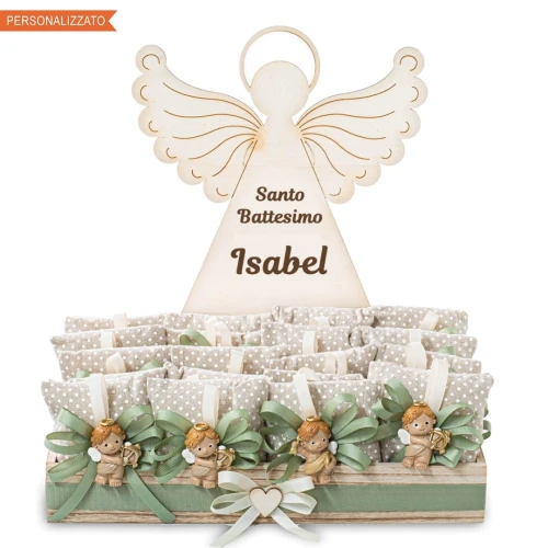Torta bomboniere con Angeli magnete verde 20pz personalizzabile