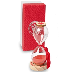 Bomboniere 2026 Linea Laurea Clessidra Grande in vetro con nappina rossa e base in legno