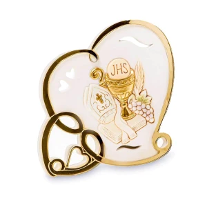 Bomboniere 2026 Icona Comunione e Cresima a forma di cuore con calice e cappello con bastone in resina