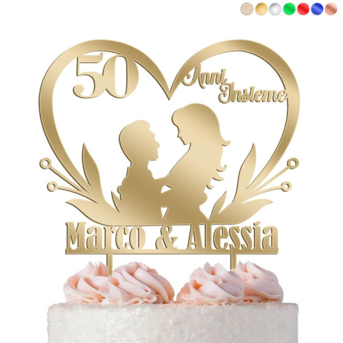 Cake Topper Cuore Sposi Personalizzato Nozze D'Oro 50° Anniversario