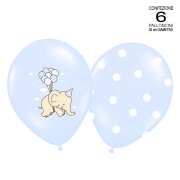 conf. 6 palloncini celeste con elefanti-pois assortiti per battesimo e nascita 30 cm