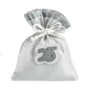 Sacchettino Piatto portaconfetti Argento con Applicazione 25 in Legno OFFERTISSIMA