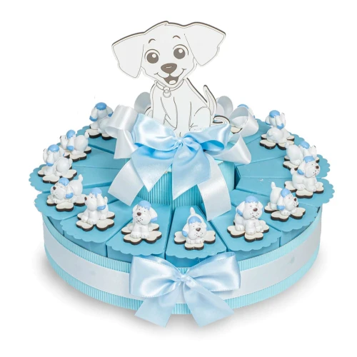 Torta Bomboniere da 15 Fette con cagnolini celesti su quadrifoglio