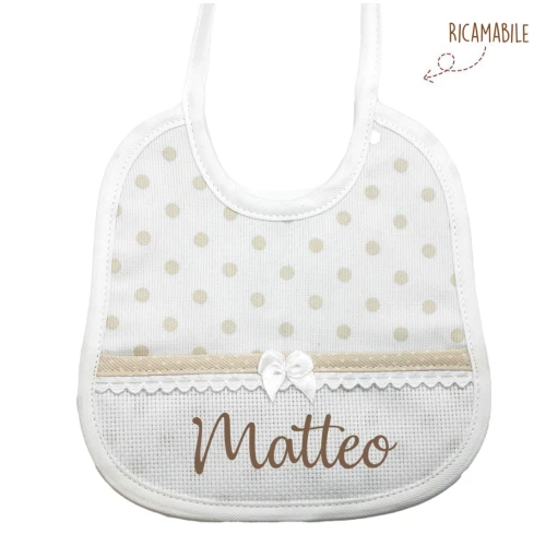 Bavaglino pois beige con tela ricamabile