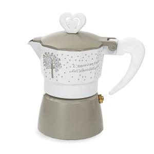 Bomboniere Matrimonio 2027 Moka Caffettiera con pomello cuore, "L'Amore è un frutto dell'albero della vita"