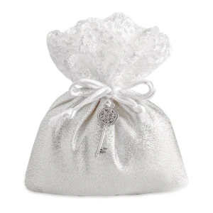 ULTIMI PEZZI 60 Sacchetti Bomboniere eleganti Argento con ciondolo chiave 10x12 PREZZO PER TUTTI