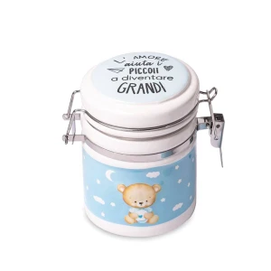 Bomboniere Battesimo e Nascita 2026 Linea Baby Box Barattolino Grande Orsetto Celeste con frase