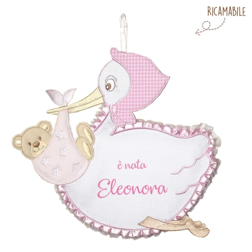 Fiocco Nascita Bimba Cicogna con punto croce