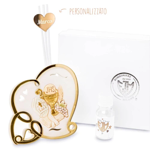 Bomboniere 2025 Icona Profumatore Comunione e Cresima Personalizzabile a forma di cuore con calice e cappello e bastone in resina