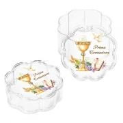 Scatolina Portaconfetti Comunione in plexiglass trasparente con immagine calice Prima COmunione, Vangelo, Colomba e spighe di grano