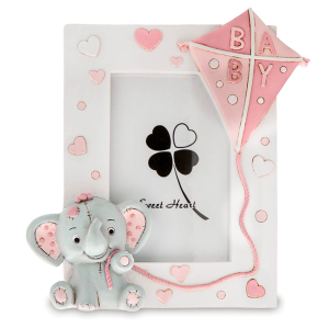 Bomboniere Battesimo e Nascita Baby Elefantino con Aquilone Portafoto Grande Rosa in resina