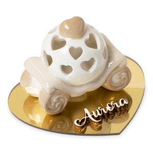 Bomboniera Carrozza in ceramica su base oro con nome personalizzabile