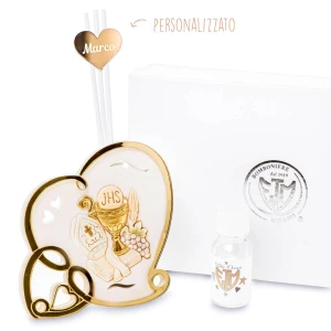 Bomboniere 2027 Icona Profumatore Comunione e Cresima Personalizzabile a forma di cuore con calice e cappello e bastone in resina