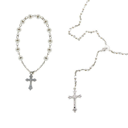 decina e rosario con perle bianche 