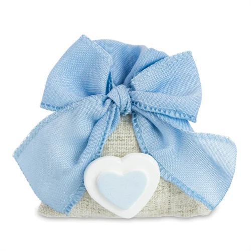 Bomboniere Battesimo Bimbo Sacchettino con Cuore Celeste in Gesso