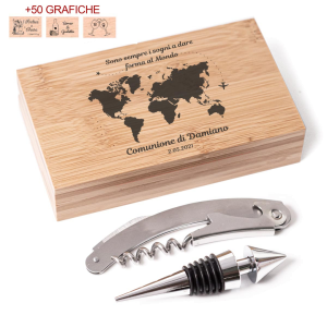 bomboniere matrimonio tema vino apribottiglie e tappo con scatola bamboo