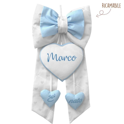 Fiocco Nascita maschio azzurro con cuore punto croce