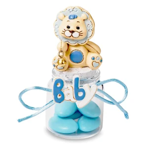 Bomboniere Battesimo e Nascita Bimbo 2026 Leoncino Barattolino Portaconfetti Linea Lion Celeste in resina