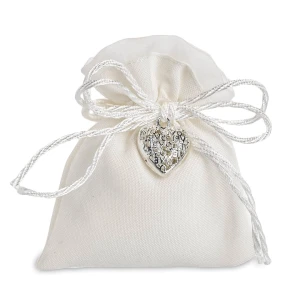 Sacchettino Piatto portaconfetti Elegante in tessuto bianco con Ciondolo Cuore Love