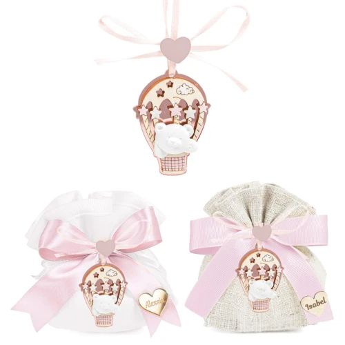 Bomboniere Battesimo e Nascita Femmina 2026 Ciondolo mongolfiera con orsetto e stelline