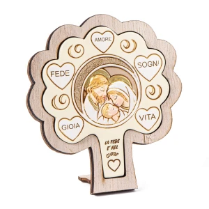Bomboniere 2026 Icona Albero in resina e legno con Sacra Famiglia e parole
