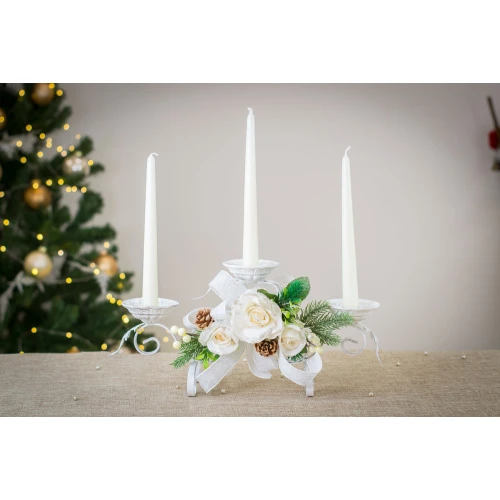 Idea Regalo Natale - Candeliere a 3 in ferro battuto con composizione floreale