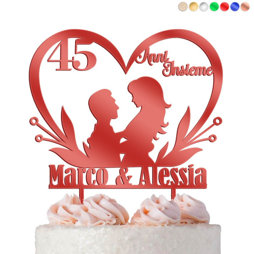 Cake Topper Cuore Sposi Personalizzato Nozze di Rubino 45° Anniversario