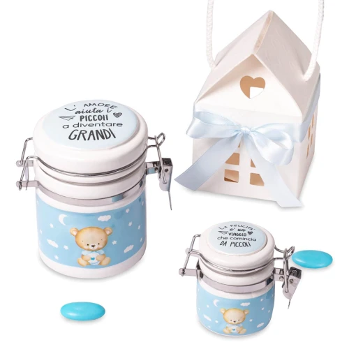 Bomboniere Battesimo e Nascita 2026 Linea Baby Box Barattolino Orsetto Celeste con frase