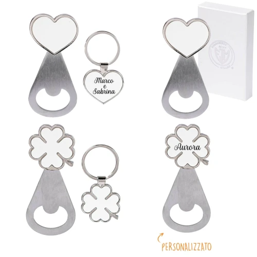 Bomboniere 2026 Linea Velo Apribottiglia e portachiavi Cuore e Quadrifoglio