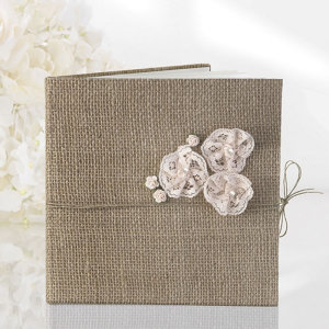 guest book 22 pag. shabby chic in juta, libro degli sposi con decoro in rilievo, misura 20,5x20,5 cm
